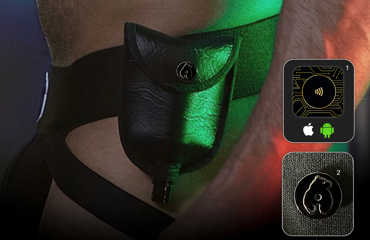 The Smart Lube Holster on the waistband, with the NFC chip and the Bruce snap button called out