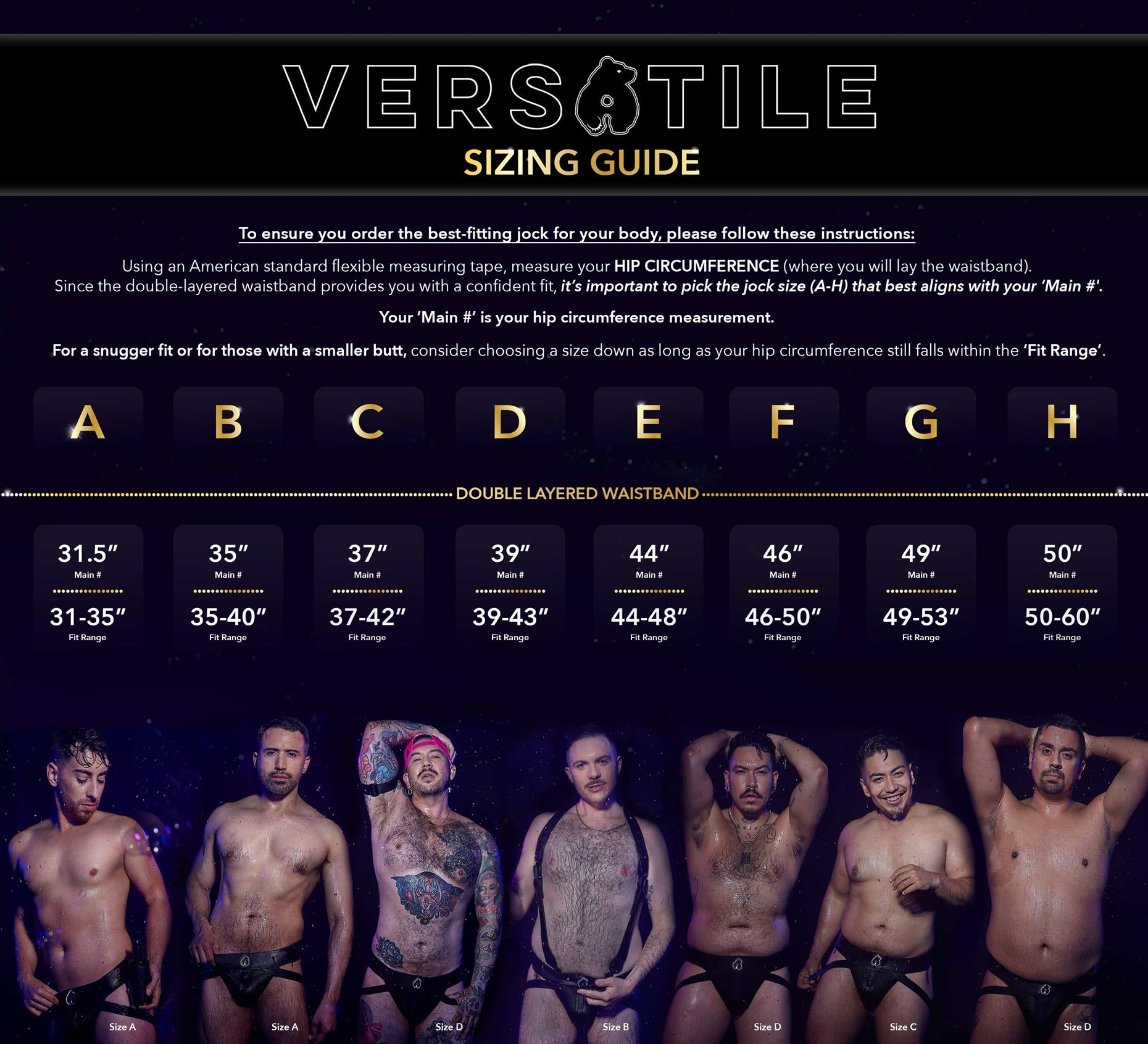 VERSATILE sizing guide, sizes A through H with hip measurements